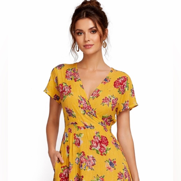 MATILDA JANE Yellow Red Floral Wrap Midi Dress Size XL - Picture 2 of 15